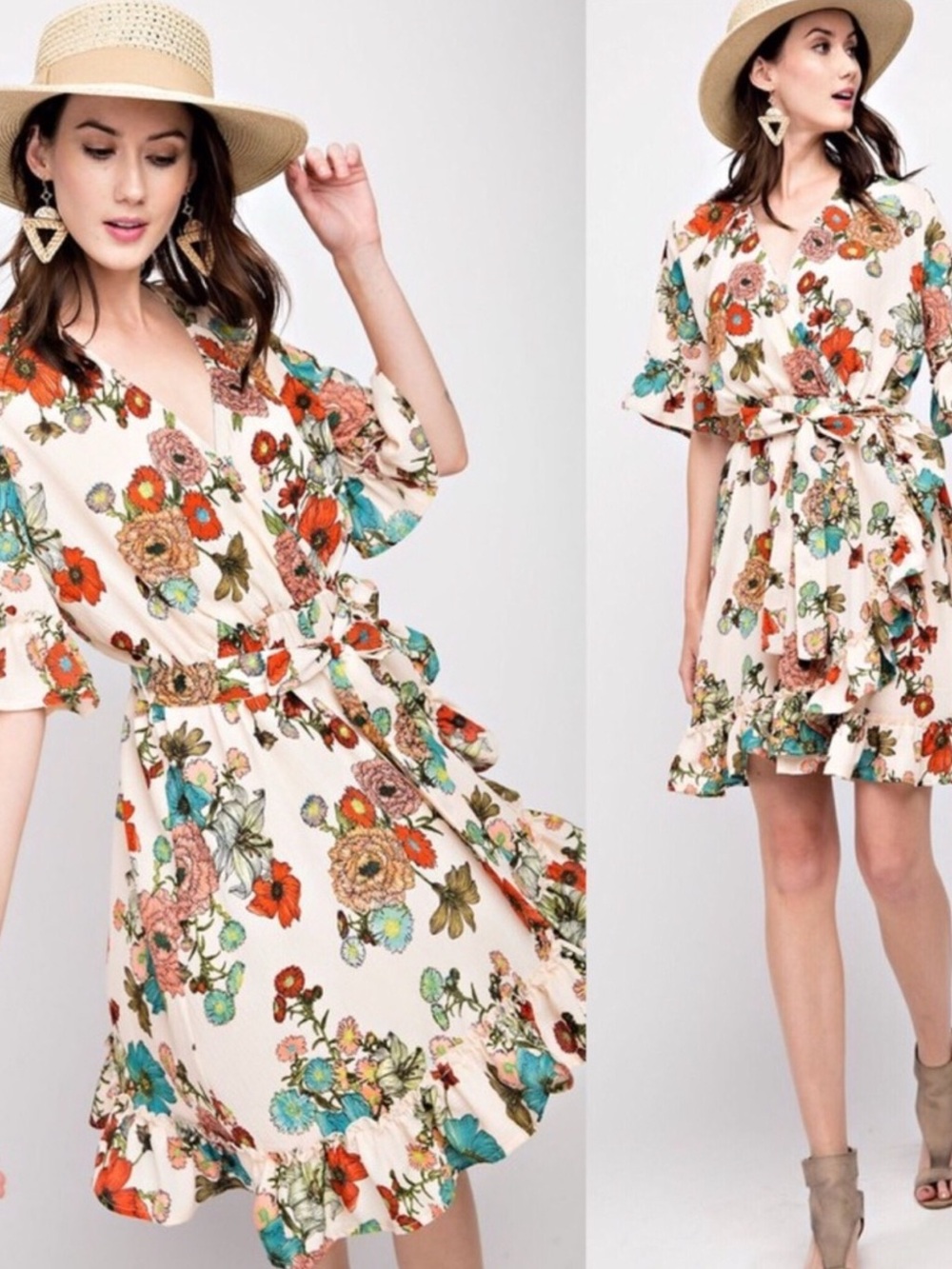 NEW Vintage Floral Print Cream Mock Wrap Ruffle Dress Sash Waist Women Small - Picture 7 of 8